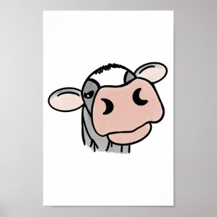 Affiche vache de dessin animé noir blanc rose baiser gris