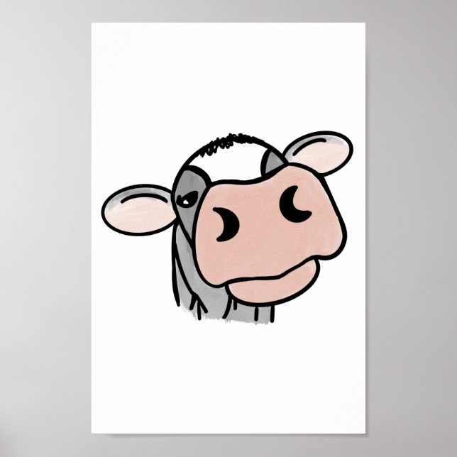 Affiche vache de dessin animé noir blanc rose baiser gris  (Devant)