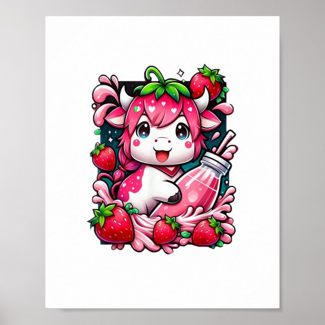 Affiche Vache de fraise Kawaii Anime Lait de fraise (Devant)