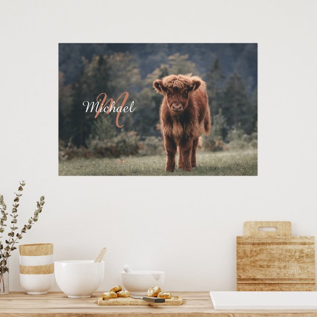 Affiche Vache de Highland calvaire herbe d'automne monogra (Cuisine)