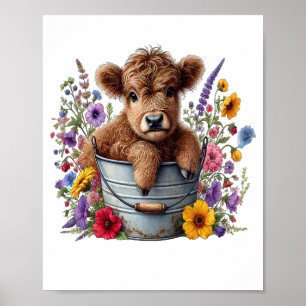 Affiche Vache des Highlands dans un seau de fleurs Png, Mi