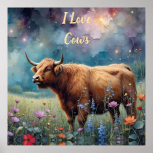 Affiche Vache des Highlands dans une tapisserie florale co