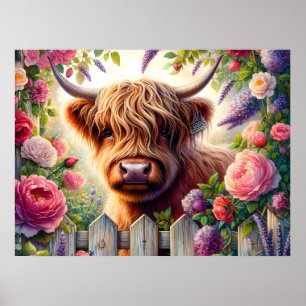 Affiche Vache des Highlands et roses roses