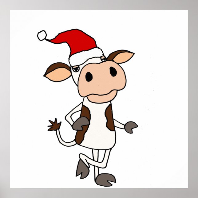 Affiche Vache drôle dans Santa Hat Caricature de Noël (Devant)