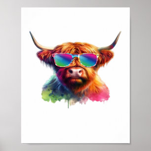 Affiche Vache écossaise Highland en lunettes de soleil Eau