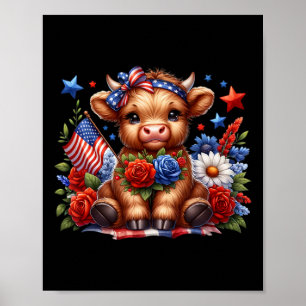 Affiche Vache Highland 4 Juillet Floral Usa Vache Patrioti