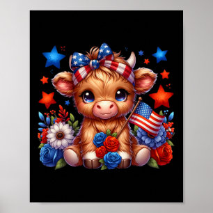 Affiche Vache Highland 4 Juillet Floral Usa Vache Patrioti