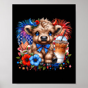 Affiche Vache Highland 4 Juillet Floral Usa Vache Patrioti