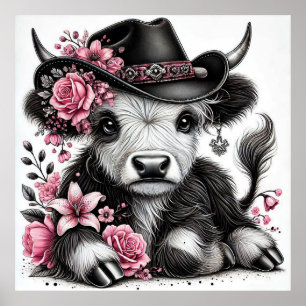 Affiche Vache Highland avec Casquette Floral