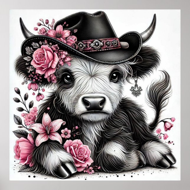 Affiche Vache Highland avec Casquette Floral (Devant)