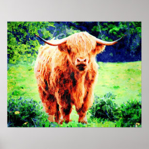 Affiche Vache Highland avec cornes aquarelle peinture d'ar