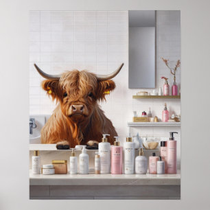 Affiche Vache Highland avec produits de beauté rose Salle 
