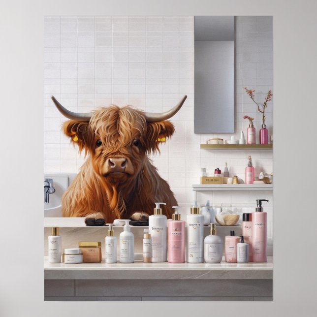 Affiche Vache Highland avec produits de beauté rose Salle  (Devant)