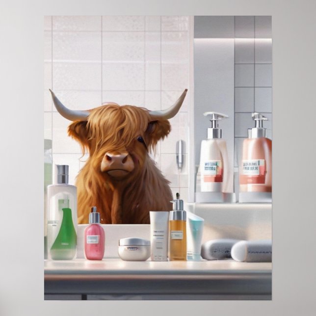 Affiche Vache Highland avec produits de soins pour les che (Devant)