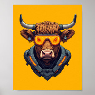 Affiche Vache Highland Cyberpunk Mecha Néon Orange Joueur 