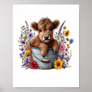 Affiche Vache Highland dans le seau à fleurs, mignonne