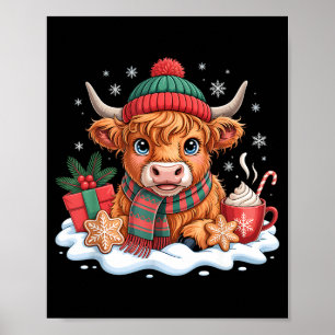 Affiche Vache Highland Noël Chapeau de Père Noël M drôle