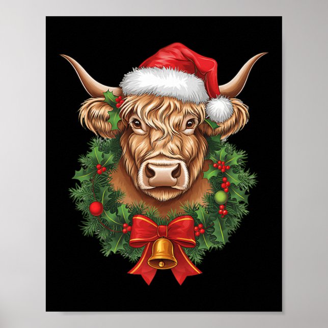 Affiche Vache Highland Noël Noël Noël Père Noël Wooly Farm (Devant)