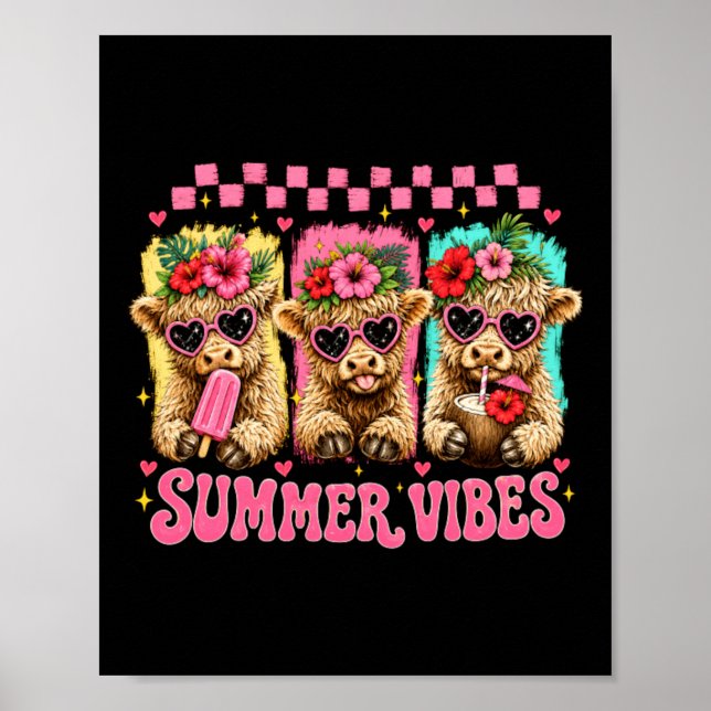 Affiche Vache highlandaise aux vibes estivales funky (Devant)