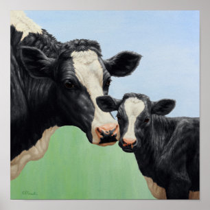 Affiche Vache Holstein noire & veau mignon