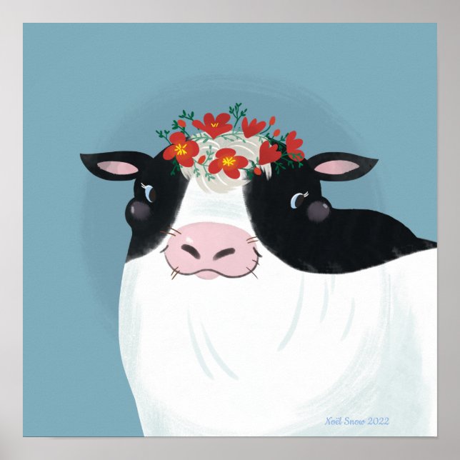 Affiche Vache laitière et couronne de fleurs rouges (Devant)