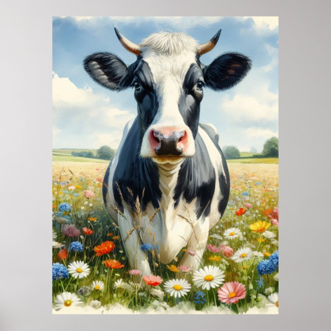 Affiche Vache laitière fleur sauvage Holstein (Devant)