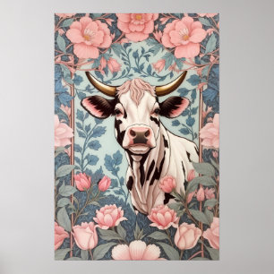 Affiche Vache mignonne avec Arrière - plan floral rose