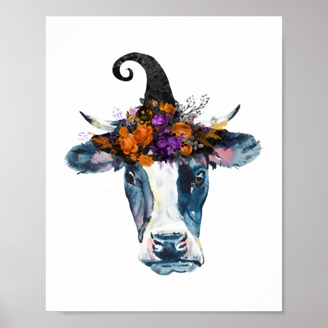 Affiche Vache noir blanc Halloween sorcière (Devant)