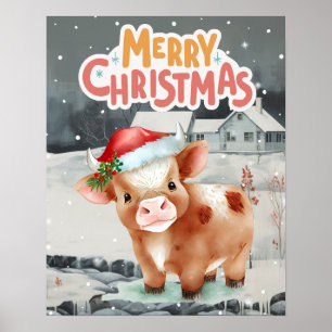 Affiche Vache portant un chapeau santa en hiver