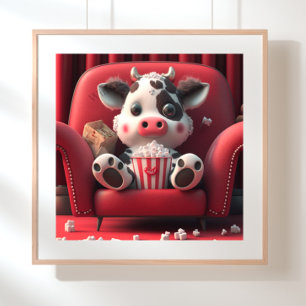 Affiche Vache sur le canapé rouge manger Popcorn Art