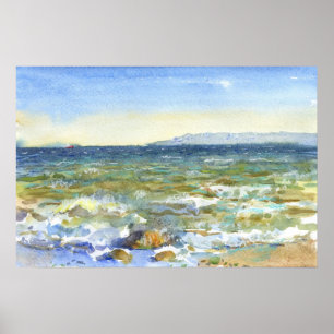 Affiche Vague de surf ensoleillée et montagnes lointaines