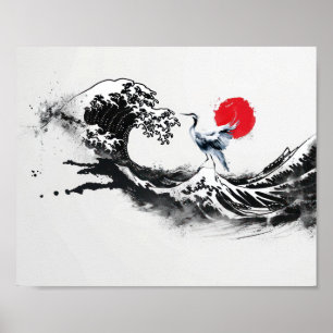 Affiche Vague japonaise, Héron, art de peinture minimal