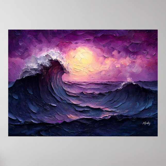 Affiche Vague majestueuse du coucher de soleil dans un sty (Devant)