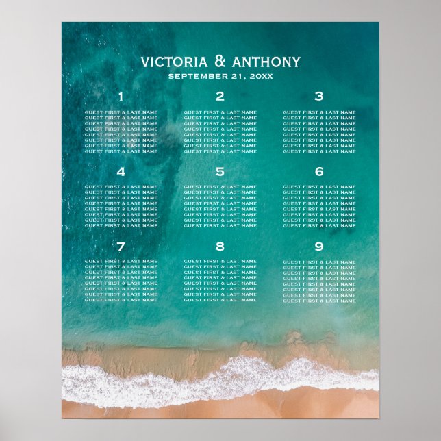 Affiche Vague Océanique, Plan de table de mariage de plage (Devant)
