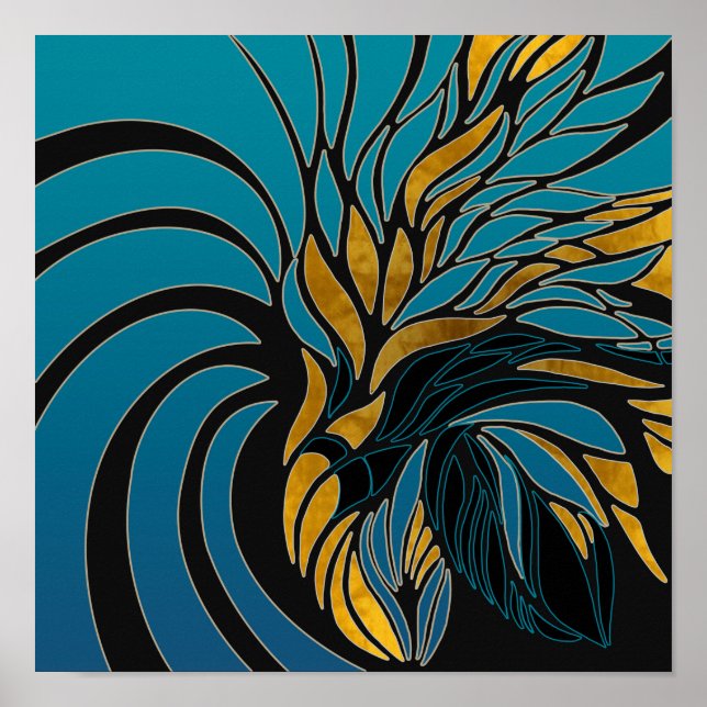 Affiche vagues Abstraites, lignes, feuilles, design modern (Devant)