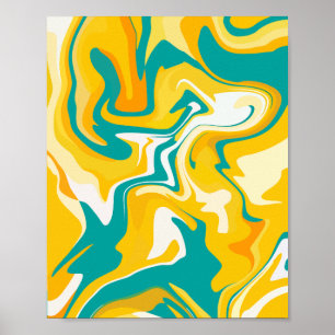 Affiche Vagues Abstraites vibrantes en jaune et turquoise
