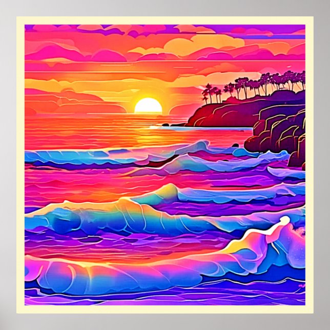 Affiche Vagues au coucher du soleil : rêve côtier vif (Devant)