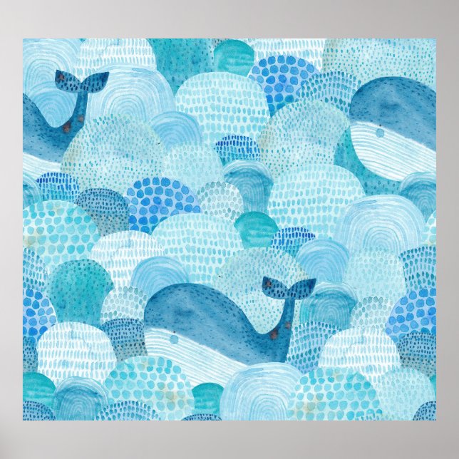 Affiche Vagues, baleine, texture bleu enfantine (Devant)