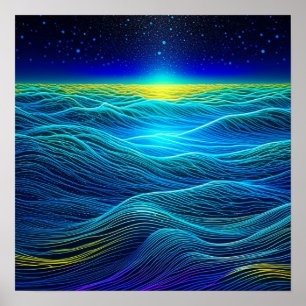 Affiche Vagues bleu éthérée et coucher de soleil océanique