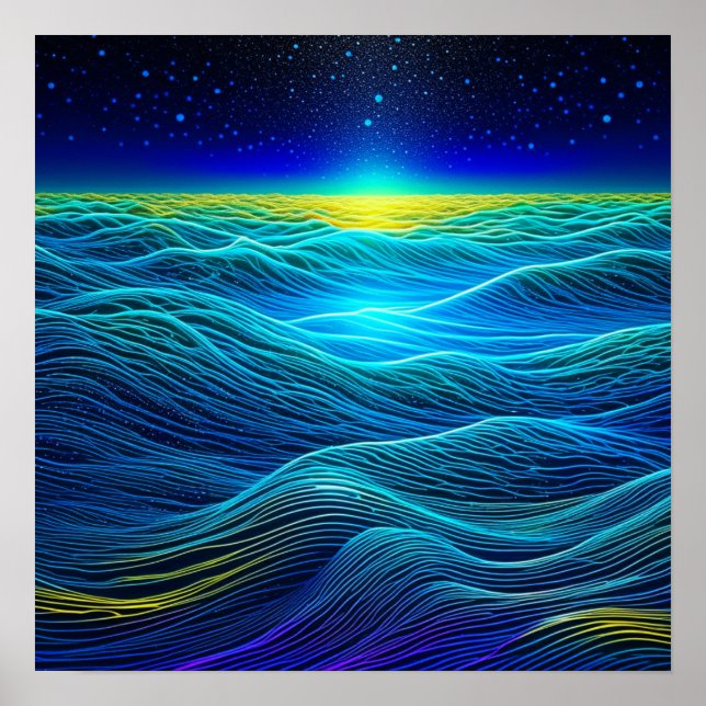 Affiche Vagues bleu éthérée et coucher de soleil océanique (Devant)