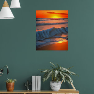 Affiche Vagues dans l'océan avec coucher de soleil