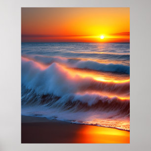 Affiche Vagues dans l'océan avec coucher de soleil