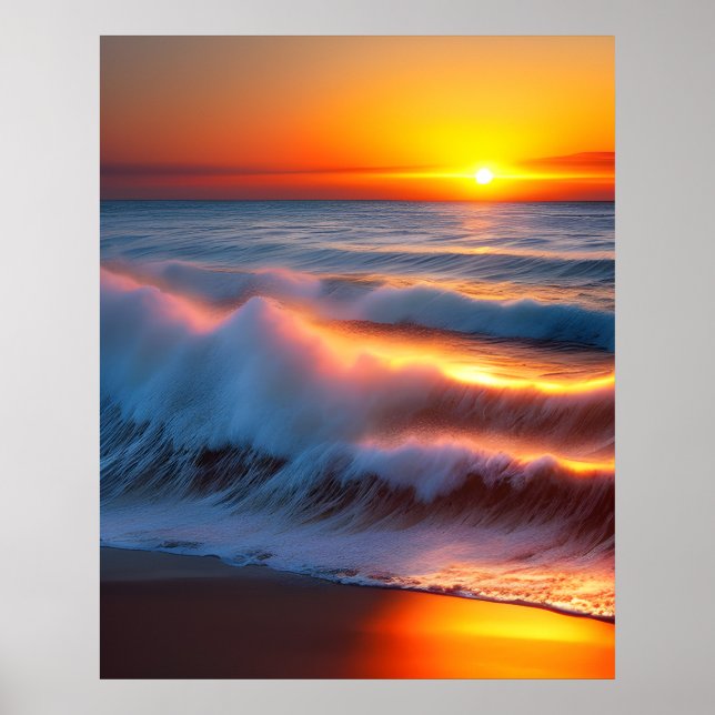 Affiche Vagues dans l'océan avec coucher de soleil (Devant)