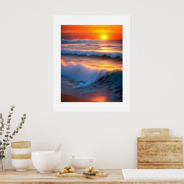 Affiche Vagues dans l'océan avec coucher de soleil (Cuisine)