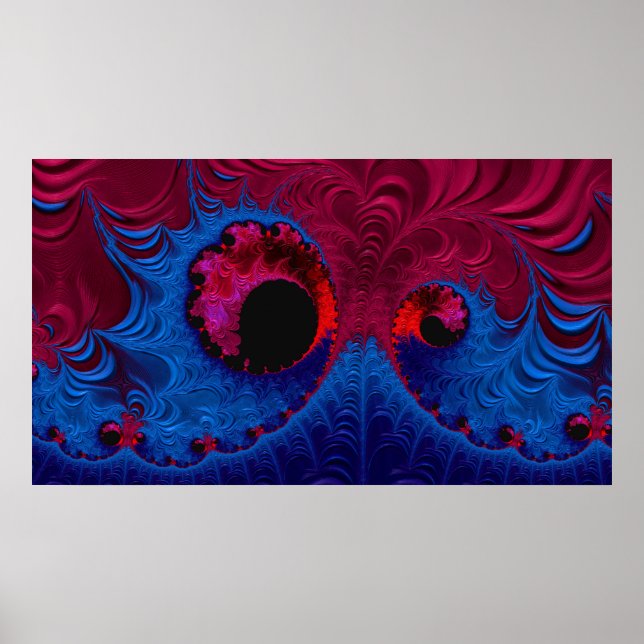 Affiche Vagues d'art Abstrait fractal rouge et bleu (Devant)