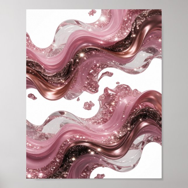 AFFICHE VAGUES DE LIQUIDE ABSTRAIT 3D AVEC ÉCLATS ET GEMME (Devant)