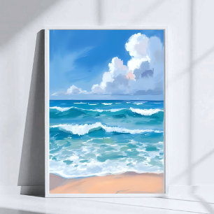 Affiche Vagues de l'océan bleu Aquarelle de mer de plage