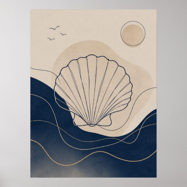 Affiche Vagues de l'océan bleu profond et coquillages côti (Devant)
