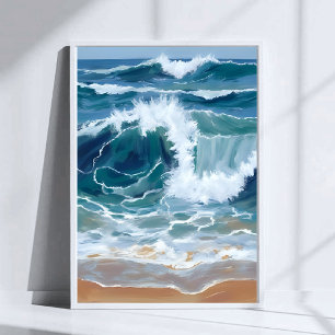 Affiche Vagues de l'océan déferlantes   Aquarelle bleue cô