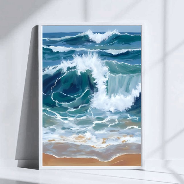 Affiche Vagues de l'océan déferlantes | Aquarelle bleue cô (Créateur téléchargé)